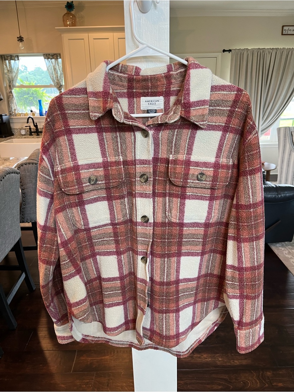 American Eagle Outfitters Cream & Burgundy Plaid Utility Shacket